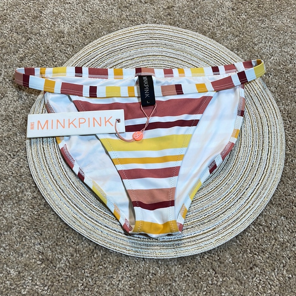 NWT L Mink Pink autumn stripe bikini bottoms string gold orange mustard stripes